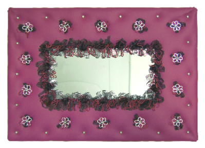 Miroir capitonné en cuir violine/framboise